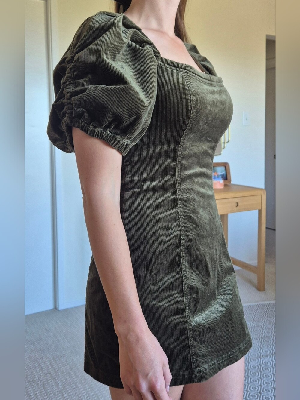 Pilcro Olive Green Puff-Sleeve Corduroy Mini Dress - Picture 2 of 8